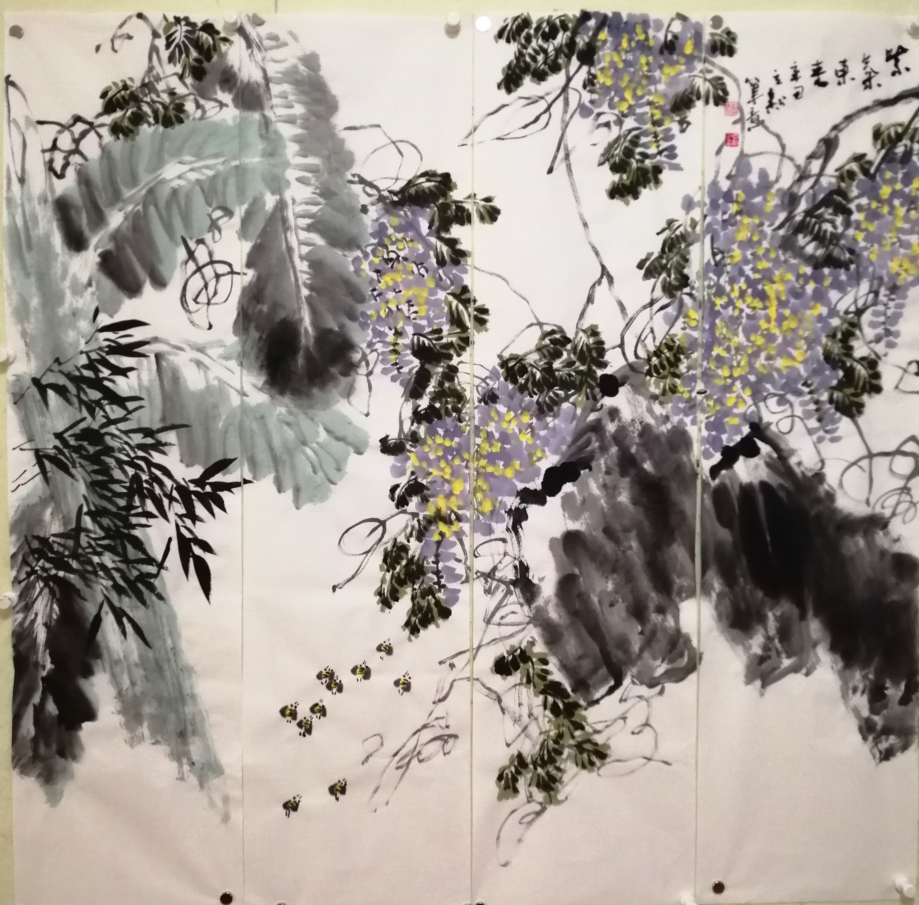 花鸟画家李立新2021年作品，四尺对开通景屏国画紫藤《紫气东来》赏析